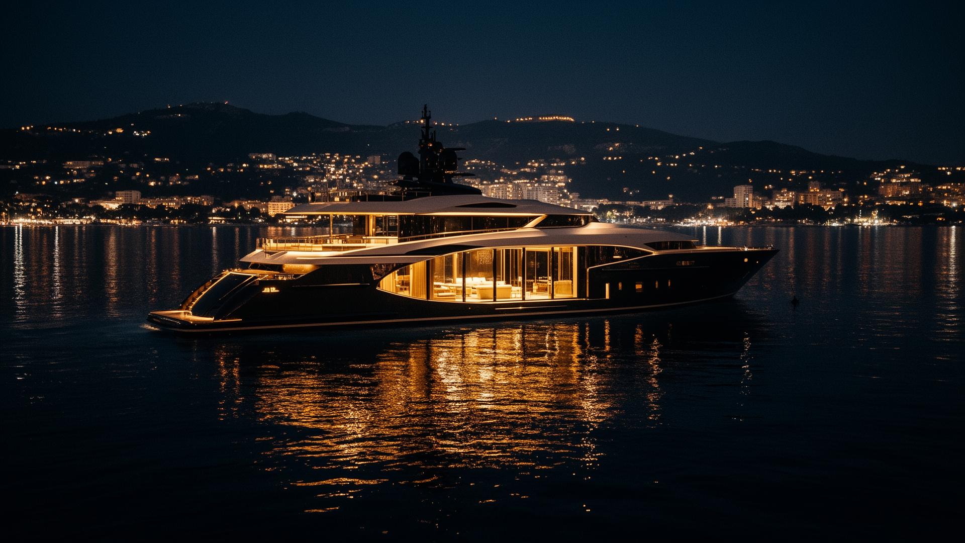 Luxury yacht at night off the Côte d'Azur